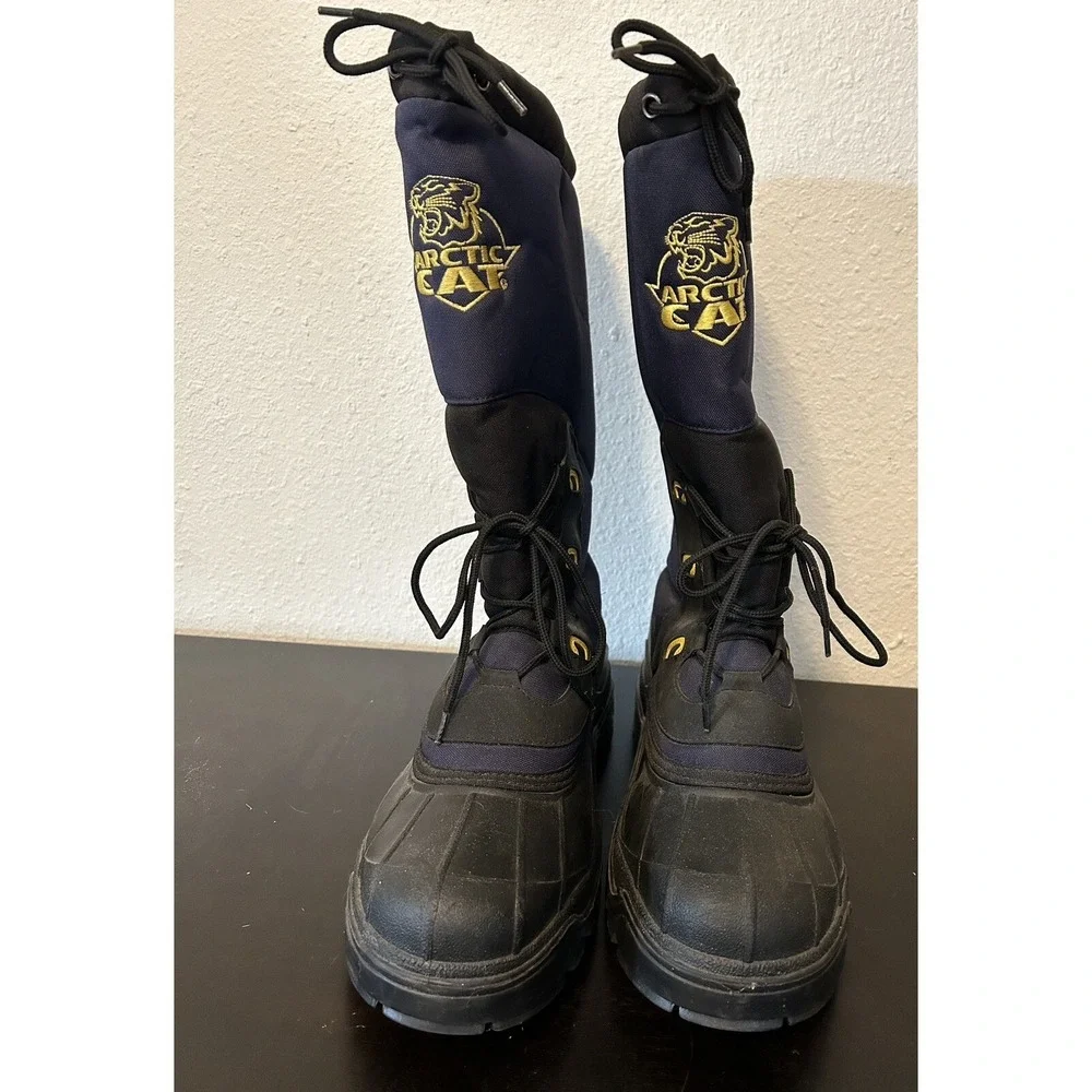 Vintage Arctic Cat Snowmobile Boots Wool Inserts Men 12 Blue Black Embroidered